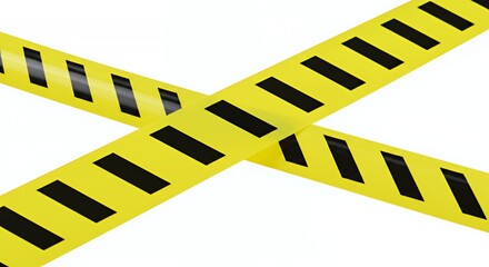 Bright Yellow Plastic Barrier Tape with Repetitive Black Text Diagonally Crossing Isolated on Clean White Background