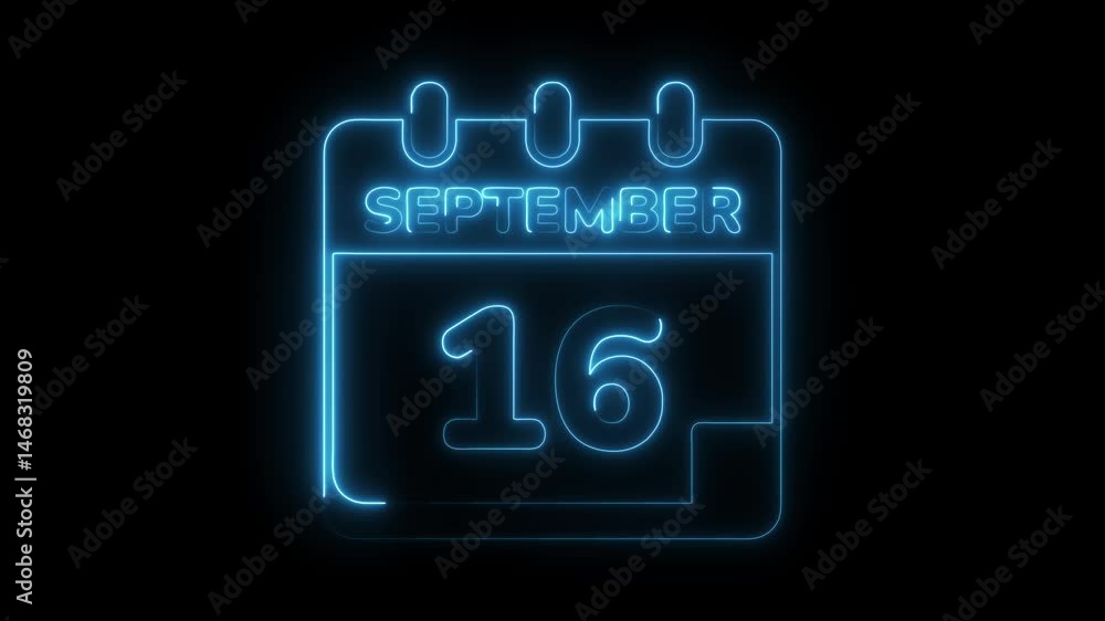 Poster neon style calendar displaying september 16th over black background animation suitable for event rem