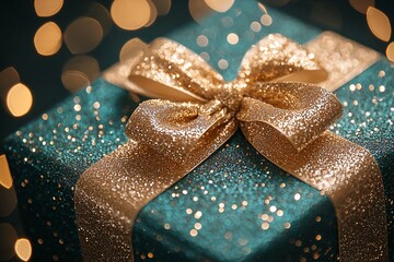 teal and gold glitter gift box with a sparkling bow, luxurious and festive design, soft lighting reflecting off the glitter, creating a sparkling effect. Generative AI