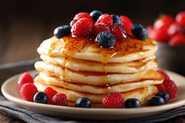 Stacked pancakes topped with fresh berries and syrup.