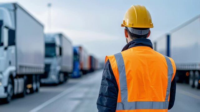 Customs Officer Inspecting Goods at Border Crossing with Lined-Up Trucks

