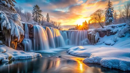 Glowing Waterfall Through Icy Landscape at Dawn
