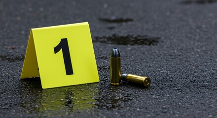 Crime Scene Marker Number One Beside Shell Casings on Wet Asphalt Reflecting Light