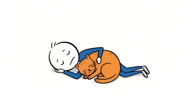 Person and cat lying down cartoon illustration