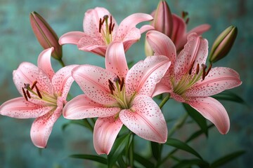 Fototapeta premium close up of delicate pink lilies with speckled petals and unopened buds against a soft blurred background