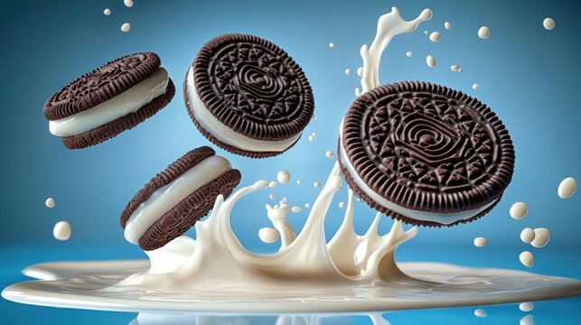 Three chocolate sandwich cookies with white cream filling splashing into fresh white milk on a blue background, capturing dynamic motion and freshness