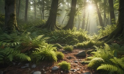 Sunlight dappled mossy forest floor with ferns unfurling ,  green,  vibrant,  shadow play