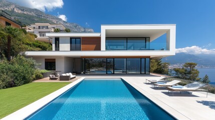 Fototapeta premium Modern hillside villa with a stunning pool and ocean view.