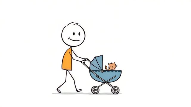 Person pushing stroller with cartoon cat