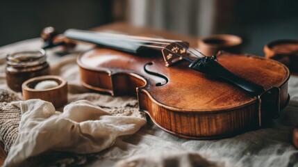 Warm Toned Violin on Textured Fabric with Wooden Accents