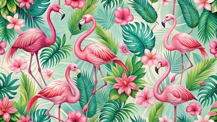 Obraz premium Tropical Pink Bird with Flamingos in a Seamless Floral Pattern