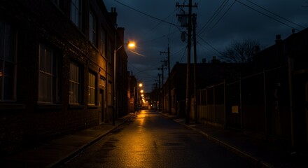 Dimly Lit Urban Alleyway at Night with Old Brick Buildings and a Wet Asphalt Street Reflecting Streetlight Overhead with Power Lines Dark Ominous Sky