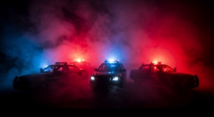 Dramatic Silhouetted Law Enforcement Vehicles with Flashing Red and Blue Lights on White Background Showcasing Emergency Response and Theatrical Display Creating an Urgent Scene