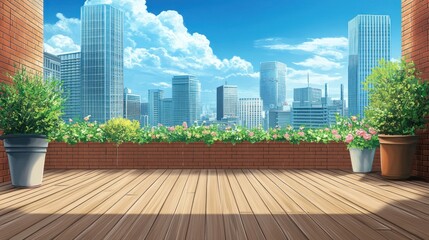 City rooftop terrace, sunny day, flowers, view