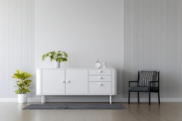 White sideboard in living room interior with copy space