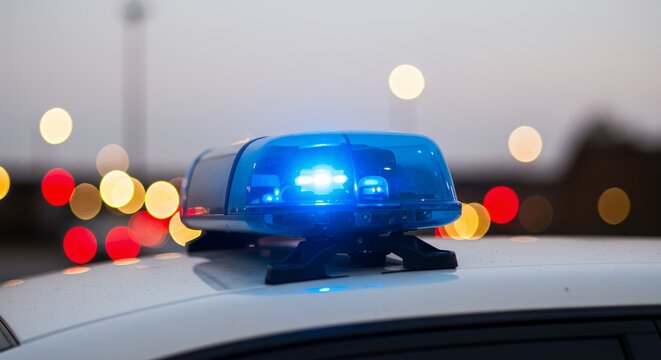 Flashing Blue Emergency Vehicle Light Bar on Car Roof with Bokeh Background in Night Time