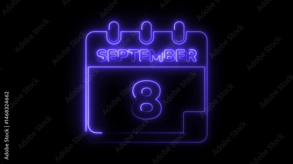Poster glowing neon calendar animation displaying september 8th date on a dark background