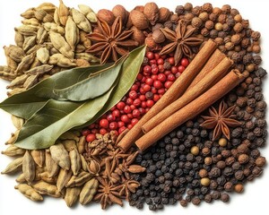 Variety of dried spices including cardamom pods, star anise, bay leaves, pink peppercorns, black peppercorns, cinnamon sticks, all arranged on a white background