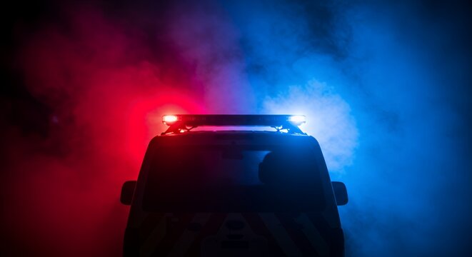 Isolated Emergency Vehicle Back View with Red and Blue Flashing Lights Surrounded by Swirling Smoke on White Background