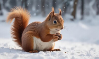 Tiny red squirrel gathers nuts in snowy scene, red squirrel, january