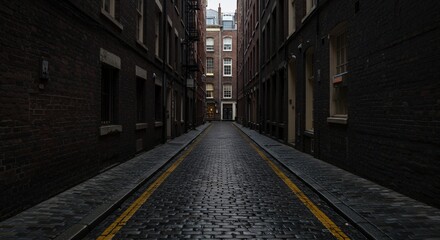 Narrow City Alleyway with Wet Cobblestones Framed by Tall Brick Buildings with Aged Facades and Subtle Yellow Lines on the Ground Creating an Atmospheric Urban Scene