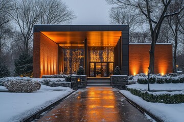 Obraz premium Modern structure bathed in warm winter lights.