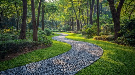 Serene Stone Pathway Curving Through Lush Green Forest Landscape