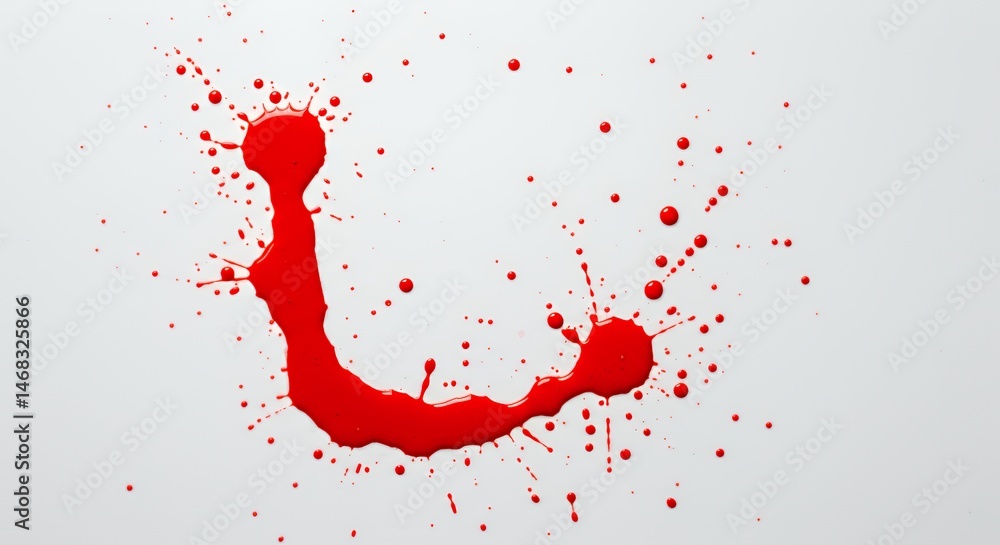 Poster scattered red splatters forming a curved l shape on a clean white background