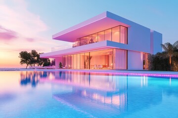 Fototapeta premium Modern villa by a pool at sunset with pink lighting.