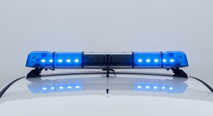 Top Down View of Illuminated Blue LED Emergency Vehicle Light Bar Isolated on White Background