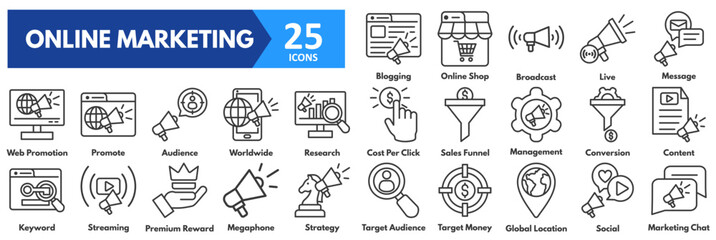 Online Marketing icon set. with icons of blogging, online shop, broadcast, live, message, web promotion, promote, audience, worldwide, research, cost per click, sales funnel, management, conversion