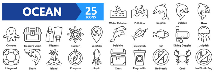 Ocean icon set. with icons of water pollution, pollution, dolphin, orca, octopus, treasure chest, flippers, rudder, location, dolphins, swordfish, fish, diving goggles, jellyfish, lifeguard, shark,
