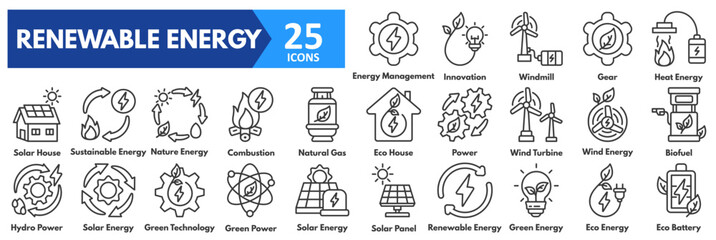 Renewable Energy icon set. with icons of solar panel, renewable, green, eco energy, eco battery, energy management, innovation, windmill, gear, heat, solar house, sustainable