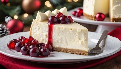 Slice of Creamy New York Cheesecake with Cranberry Sauce for Christmas