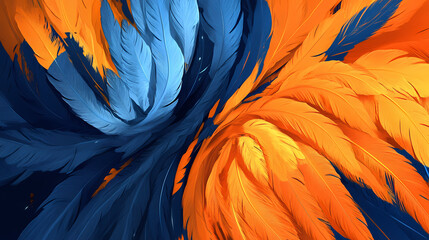 Obraz premium Vibrant dual feathers in harmony - orange and blue close-up. [Cyber Serenades] | Binary Ballad | dual harmony. Illustration