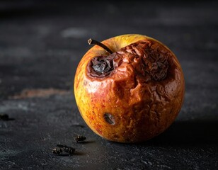 Close-up of a rotten apple on a dark surface