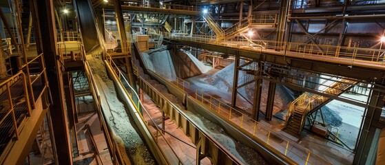Tin ore processing plant crushing grinding conveyors under lights control room signs visible.
