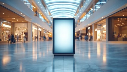 Bright digital advertising display screen standing in the center of a spacious modern shopping mall with people walking and stores visible in the background under a curved glass ceiling