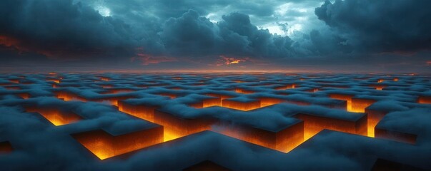 Vast maze with glowing orange pathways under a brooding cloudy sky at twilight