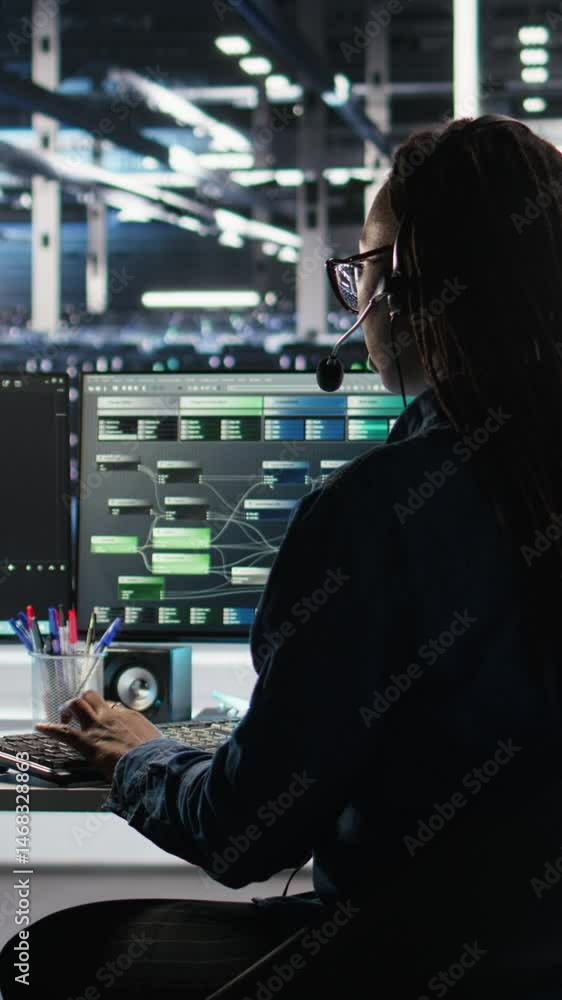 Poster vertical video data center expert examines node tree interface, delivering technical support. server