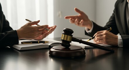 Dark Wooden Gavel on Polished Table with White Notebook Pen and Gesturing Hands Isolated Against White Background Depicting Legal Discussion