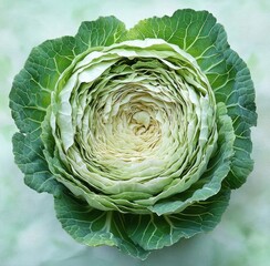 Fototapeta premium Close-up top view of a fresh green cabbage showing intricate layered leaves in soft natural light