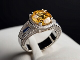 Elegant Yellow Gemstone and Diamond Ring with Sapphire Accents