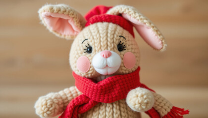 The cute bunny doll wearing a red scarf is a charming plush toy designed for warmth and comfort, perfect for children or as a decoration in a cozy setting. 