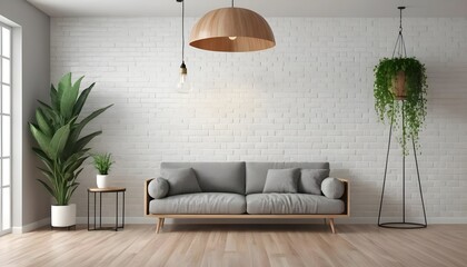 Modern Living Room Interior with Gray Sofa and White Brick Wall