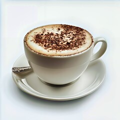 Obraz premium Delicious coffee topped with cocoa, served in a white cup on a saucer.