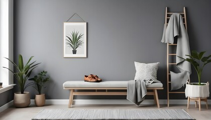 Modern Minimalist Home Interior with Wooden Bench and Grey Accents