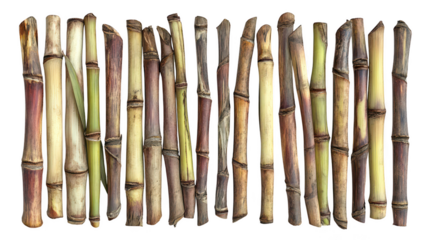 Rows of freshly cut sugar cane stalks in vibrant hues, perfect for adding natural warmth and texture to your projects