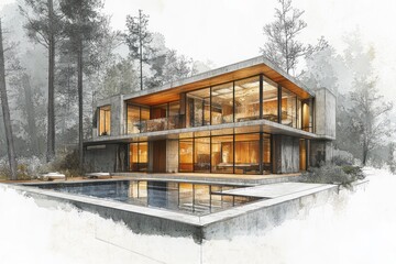 Sketch of a modern house nestled within a wintry forest.