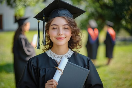 young woman in black graduation gown and cap holding diploma and folder smiling confidently outdoors with blurred graduates in background